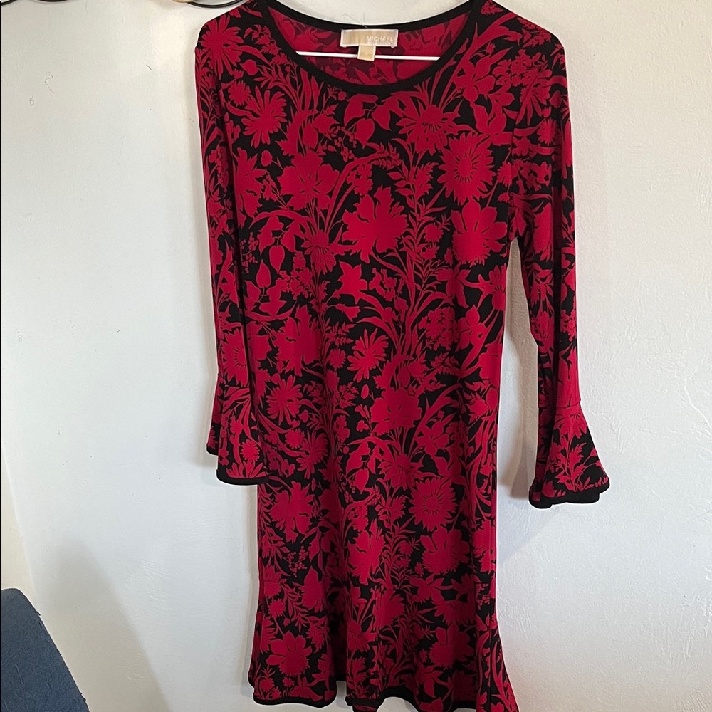 MICHAEL Michael Kors Red and Black Floral Long Sleeve Dress